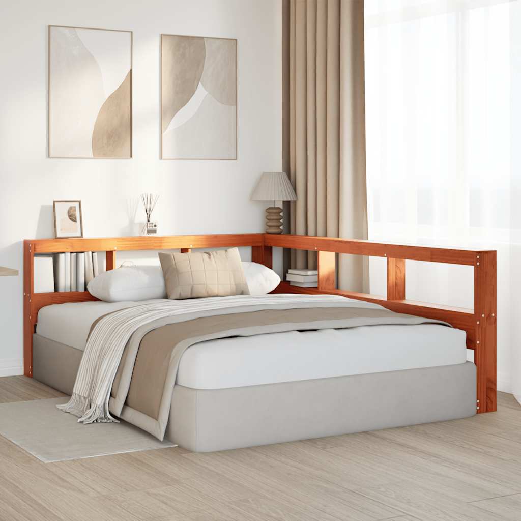 Bokhylle sengegavl L-formet voksbrun 160 cm heltre furu