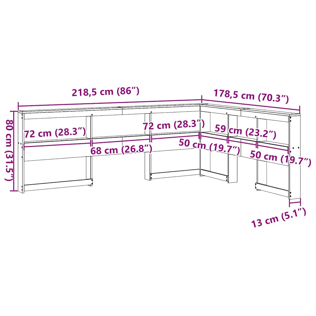 Bokhylle sengegavl L-formet voksbrun 160 cm heltre furu