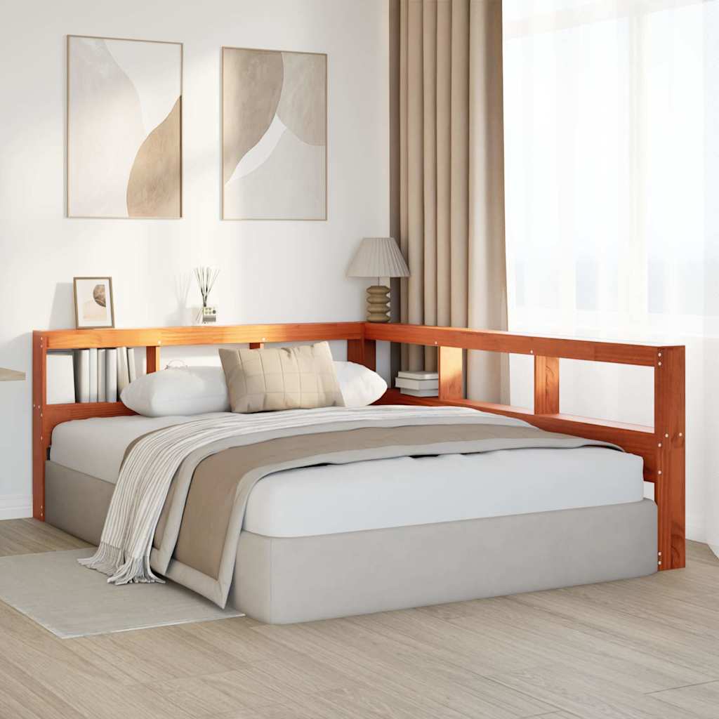 Bokhylle sengegavl L-formet voksbrun 140 cm heltre furu