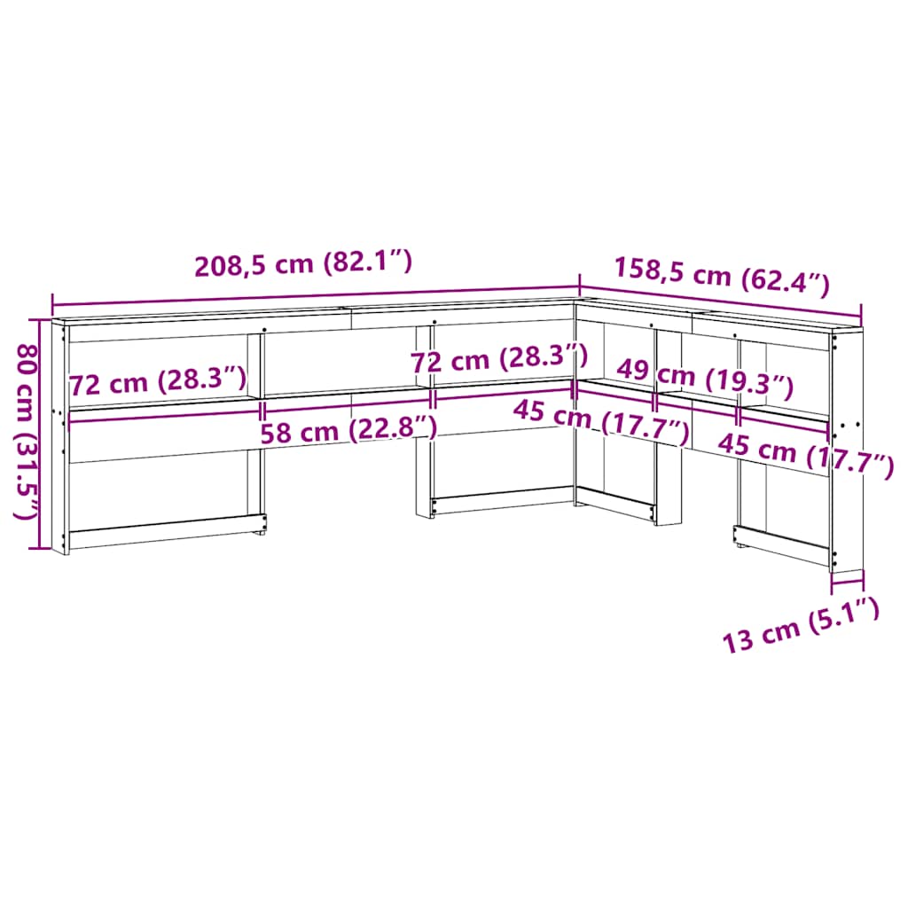 Bokhylle sengegavl L-formet voksbrun 140 cm heltre furu