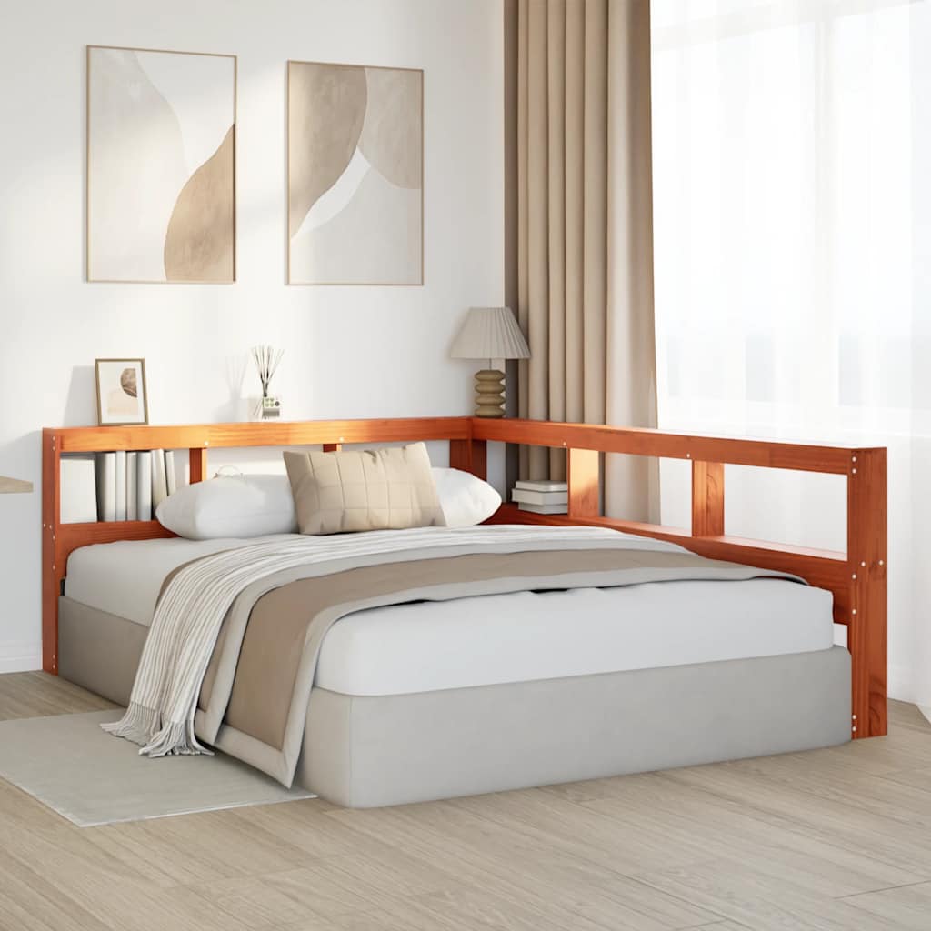 Bokhylle sengegavl L-formet voksbrun 135 cm heltre furu