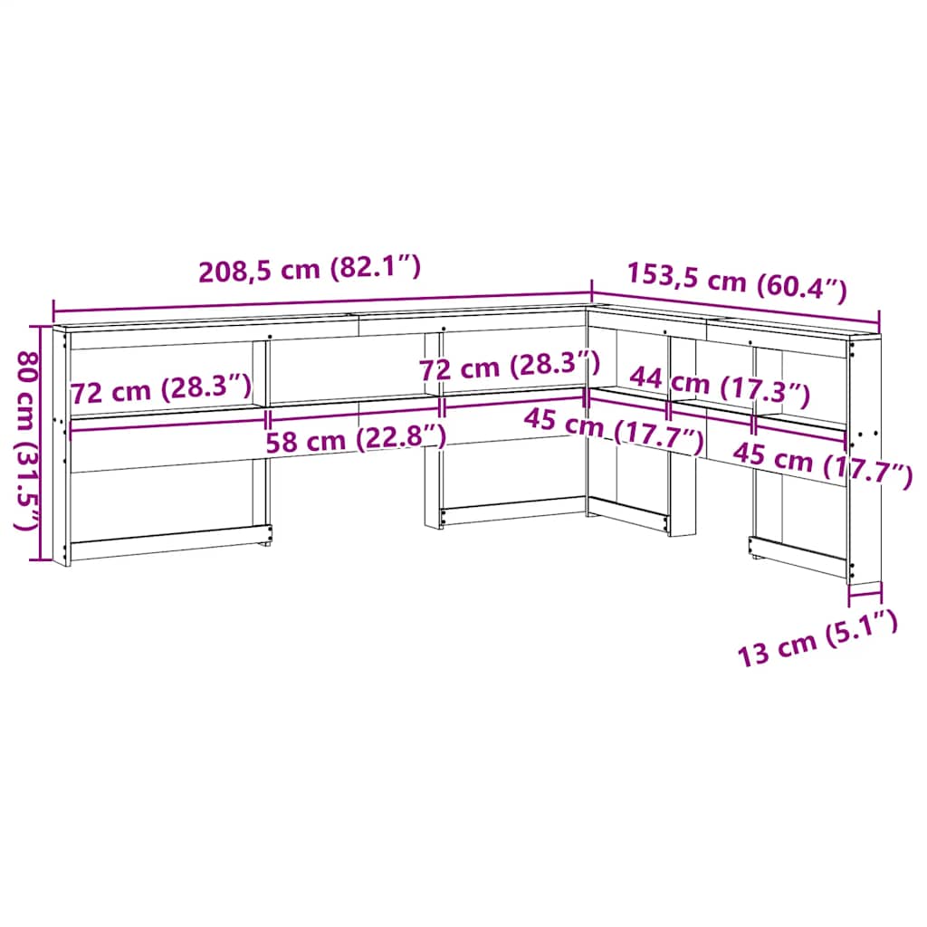 Bokhylle sengegavl L-formet voksbrun 135 cm heltre furu