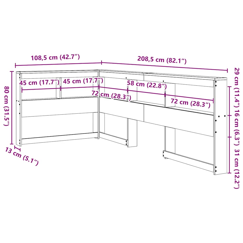 Bokhylle sengegavl L-formet voksbrun 90 cm heltre furu