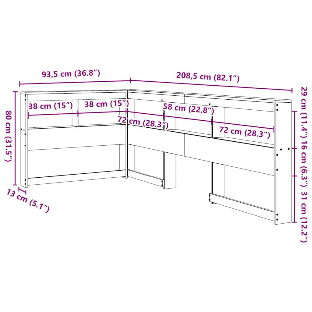 Bokhylle sengegavl L-formet voksbrun 75 cm heltre furu