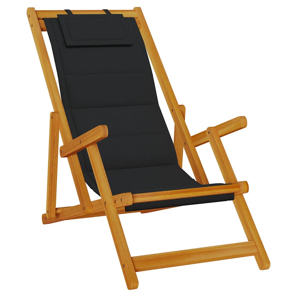 Sammenleggbar strandstol med armlener svart akasietre tekstil