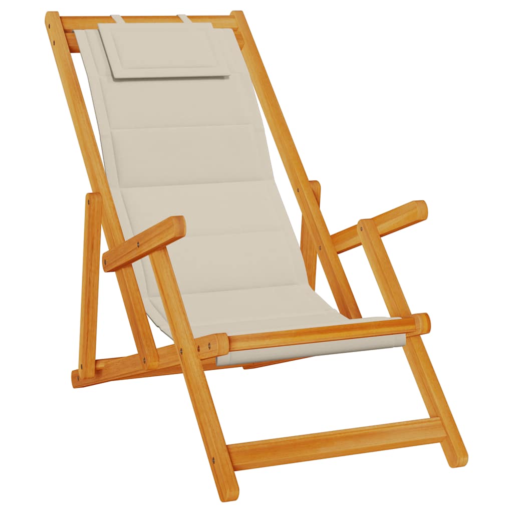 Sammenleggbar strandstol med armlener gråbrun akasietre tekstil