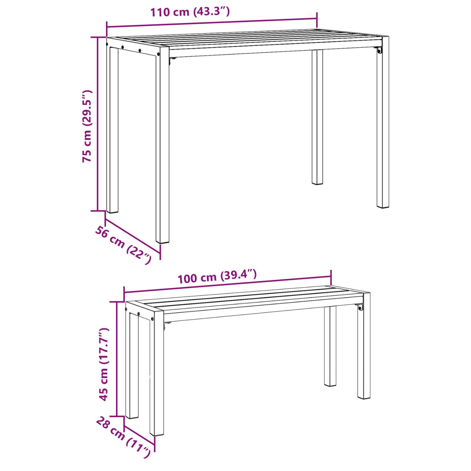 3-piece garden dining set in steel and WPC black