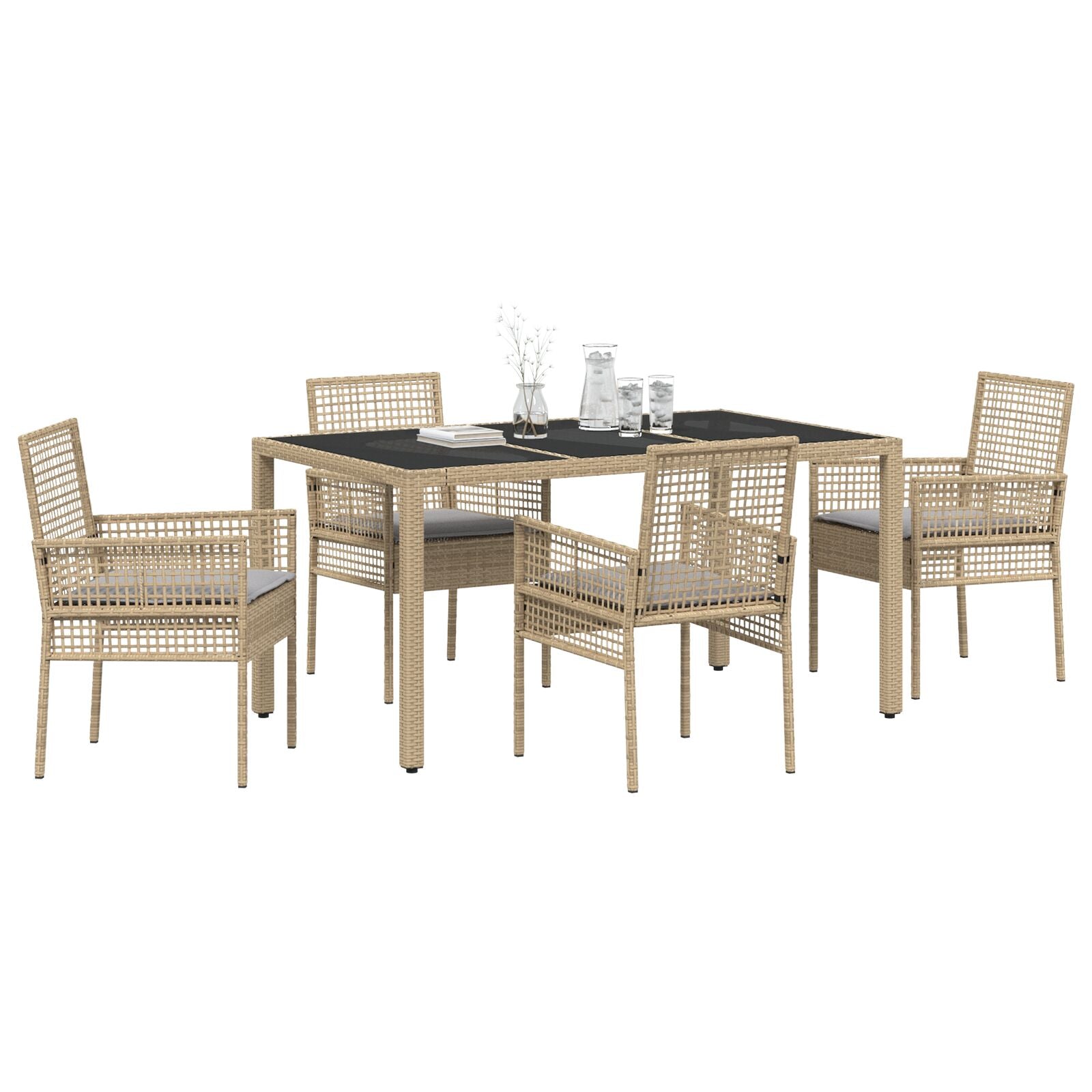 5-delt hage spisegruppe med puter beige poly rattan