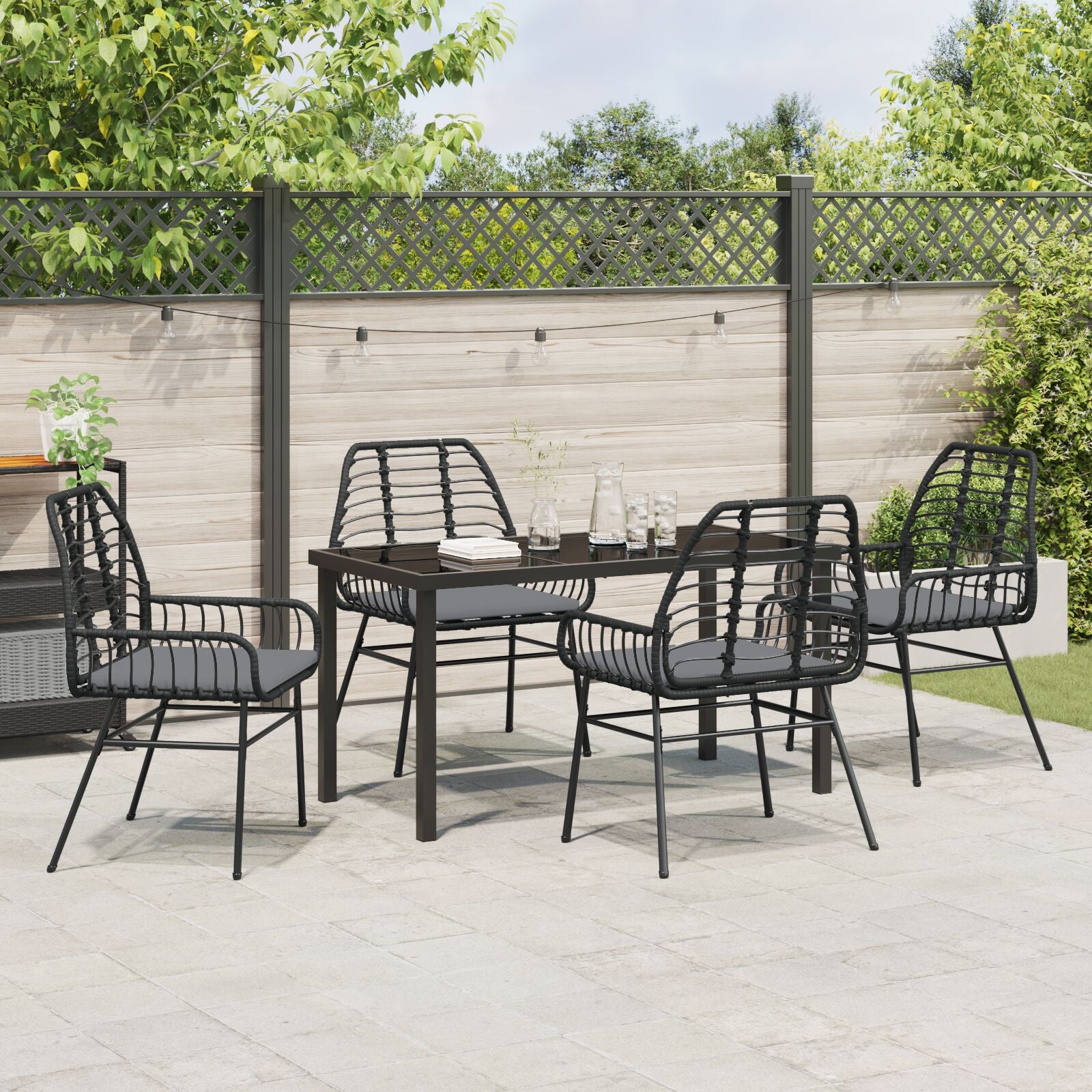 5-delers hage-spisesett med puter svart poly-rattan