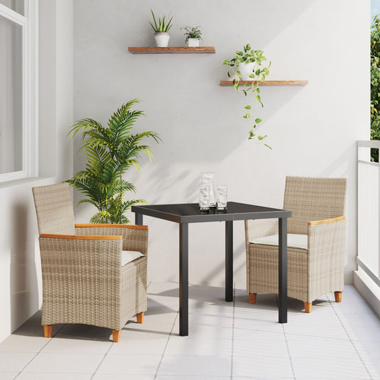 3 Delers Hage Spisebord Sett med Puter Beige Poly Rattan