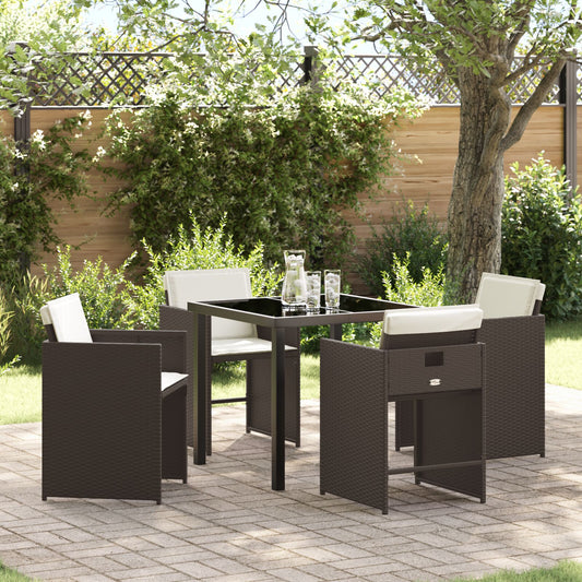 5 Delt Hage Spisebord Set med Puter Brun Poly Rattan