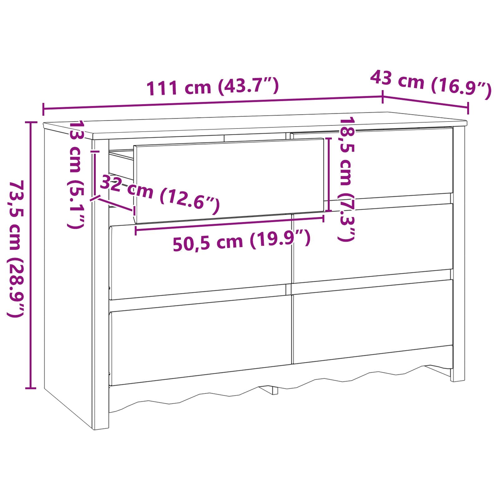 Kommode ""DRAMMEN"" Hvit 111x43x73,5 cm Solid Tre Furu