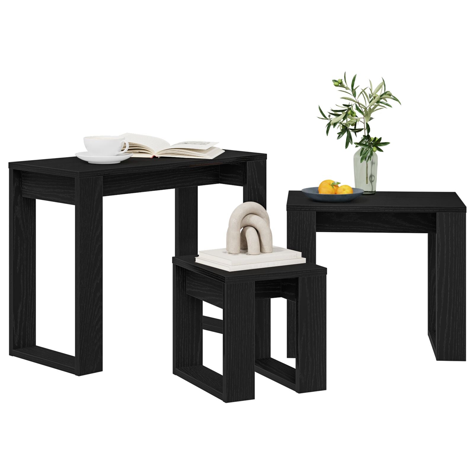 3-piece stackable tables in black oak made from engineered wood