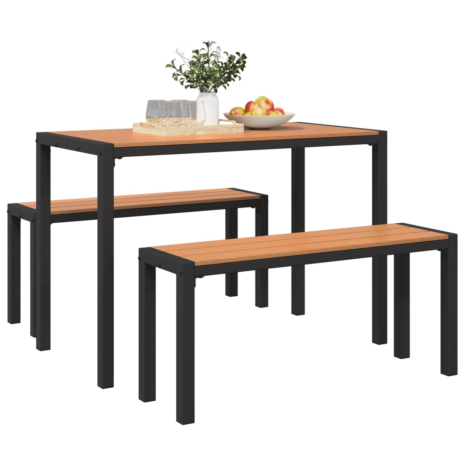 3-piece garden dining table set in steel and WPC brown