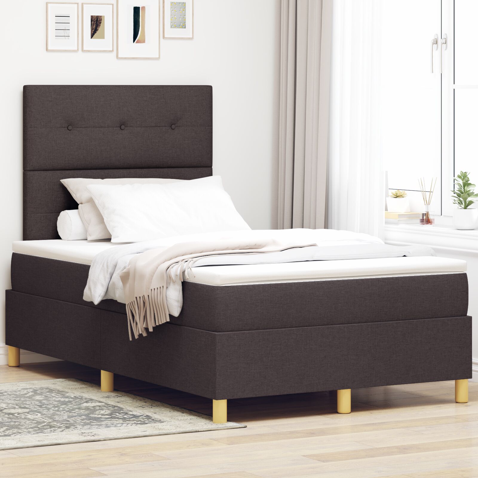 Seng ramme med madrass Mørk brun Stoff 120 x 200 cm Seng ramme