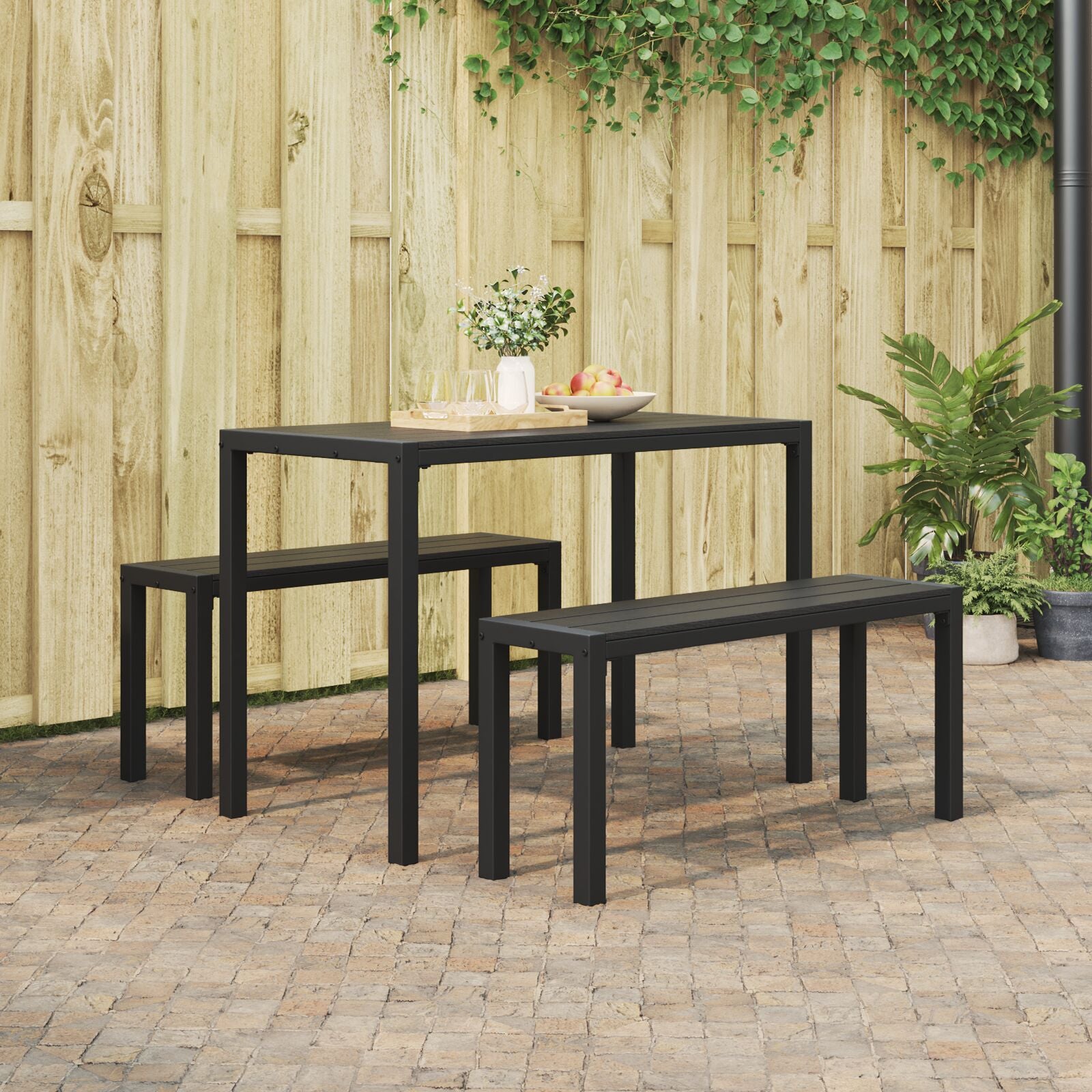3-piece garden dining set in steel and WPC black