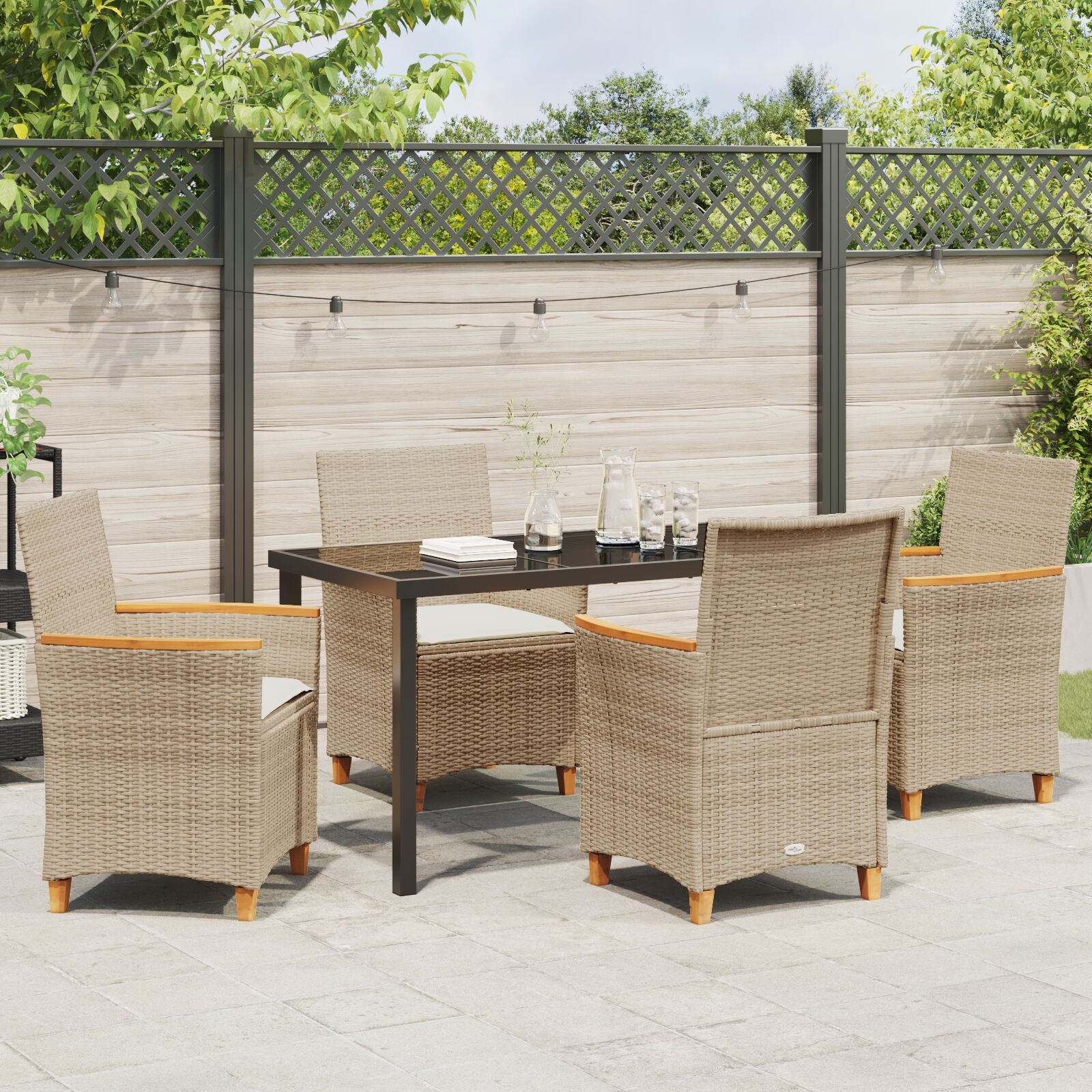 5-delt hage spisestol sett med puter beige poly rattan